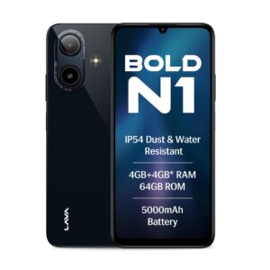 Lava Bold N1 (Radiant Black, 4 GB RAM, 64 GB Storage) | 6.75" (90 Hz) HD+ Display | 13MP AI Dual Rear Camera | 5000 mAh Battery | Secure Face Unlock | Fingerprint Reader | Charger & Phone-Case in Box