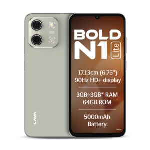 Lava Bold N1 Lite (Crystal Gold, 3 GB RAM, 64 GB Storage) | 6.75" HD+ Display | 13MP AI Dual Rear Camera | 5000 mAh Battery | Secure Face Unlock | Fingerprint Reader | Charger & Phone-Cover in Box