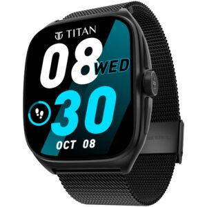 Titan Evolution Smart Watch, 1.85” AMOLED Display, 390 * 450 Pixel Resolution, SingleSync BT Calling, AI Voice Assistant, 100+ Sports Modes & Smartwatch Faces, Upto 7 Day Battery, IP68 (Black)